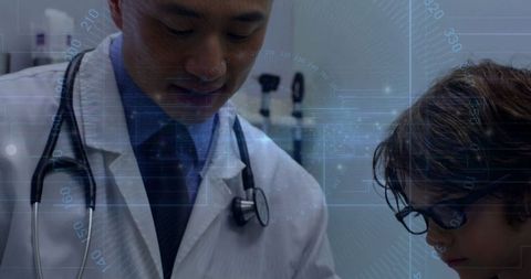 Asian Physician Explaining Data to Young Patient With Digital Overlay