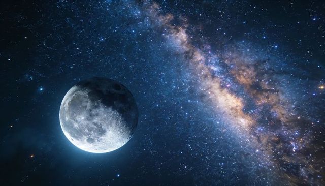 Cratered moon-like satellite with milky way starfield and nebula glow