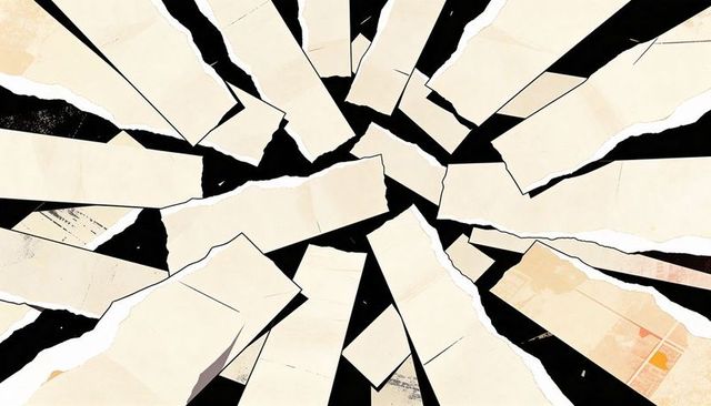 Torn paper radial collage radiating cream strips, black negative space and orange accents