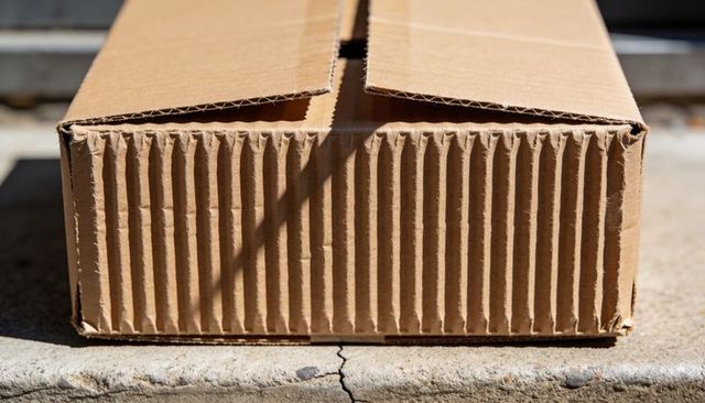 Sunlit corrugated cardboard box closeup with fluted end, ridges and concrete step detail