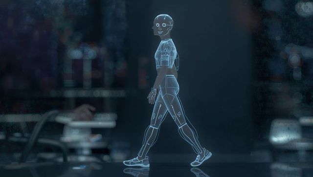 Walking holographic humanoid wireframe projection in futuristic tech lab with glowing scanlines