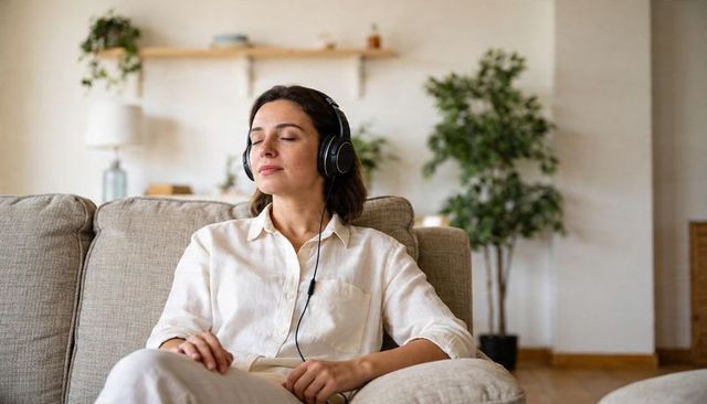Woman listening with wired headphones relaxing on sofa in cozy living room