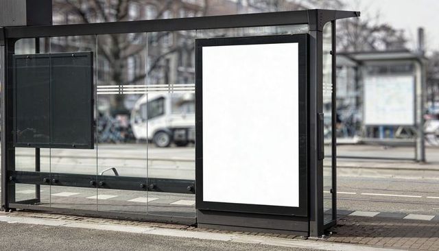 Blank vertical ad panel featuring modern metal-framed glass transit shelter at tram stop
