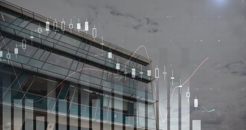 Financial graph overlays modern architecture backdrop