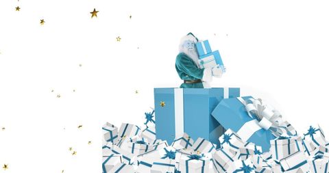 Santa in Blue with Gifts and Golden Star Confetti