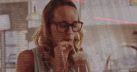 Woman Analyzing Digital Code with Coffee