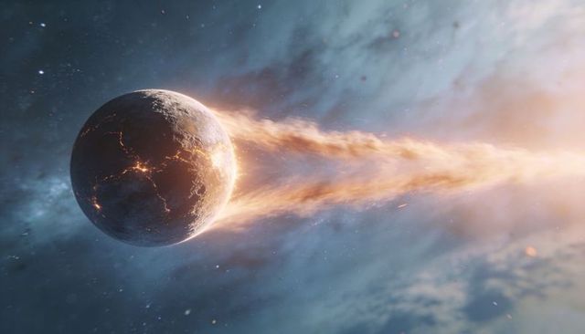 Burning planet with lava fissures and fiery plasma trail racing through cosmic nebula
