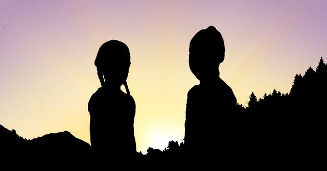 Digital composite of Silhouette children against sky during sunset
