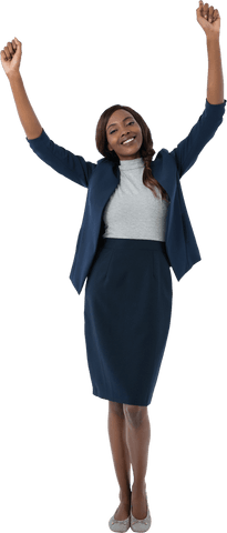 Transparent portrait of excited businesswoman celebrating success