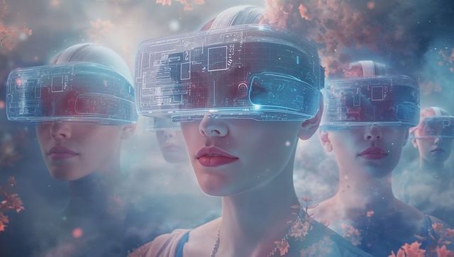 Women Experiencing Futuristic World with Holographic VR Headsets