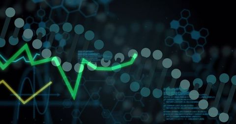 Neon dna waveform connecting circular nodes on futuristic genomics data dashboard panel