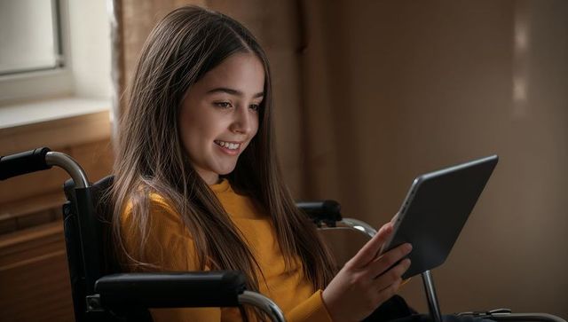 Smiling adolescent girl using tablet in wheelchair, enjoying accessible learning at home