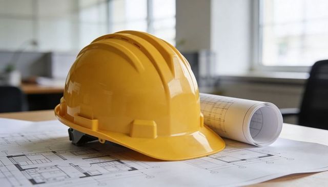 Yellow hard hat resting on architectural blueprints on office desk with rolled plans in daylight