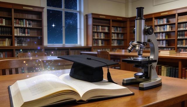 Graduation cap resting on open book with microscope in library night inspiring discovery