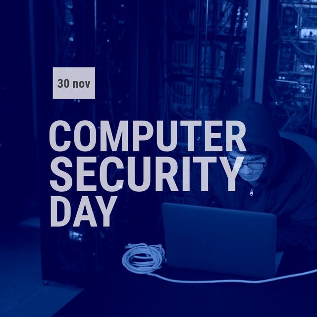 Composition of computer security day text over caucasian hacker in server room. Computer security day and celebration concept digitally generated image.