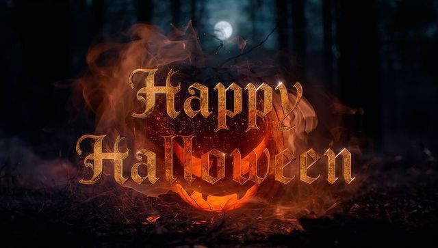 Spooky burning pumpkin with happy halloween text in forest
