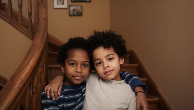 Brothers embracing on indoor wooden staircase, cozy sibling portrait with warm light
