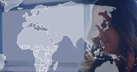 Corporate Woman with Global Map Overlay in Modern Office