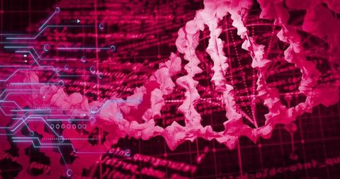 DNA Strand with Digital Interface Overlay in Red Technology Background