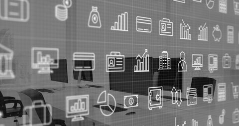 Digital interface icons with empty modern office background