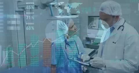 Healthcare Professionals Analyzing Data with Technology Overlays