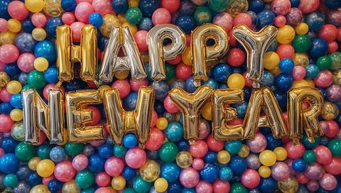 Gold foil happy new year letter balloons over vibrant multicolor glossy balloon backdrop
