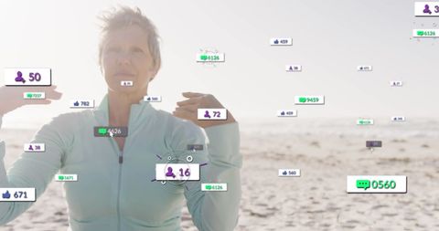 Senior Woman Yoga with Social Media Interaction Icons
