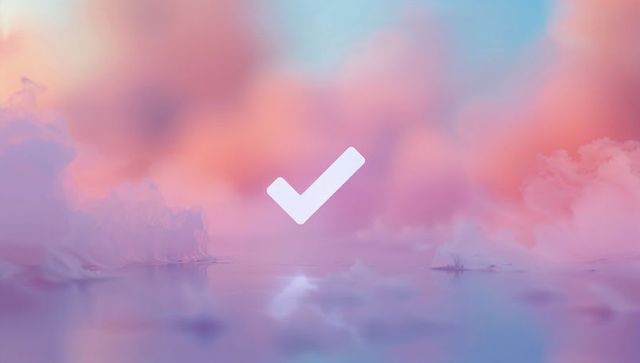 Minimalist white checkmark icon floating in pastel dreamscape background