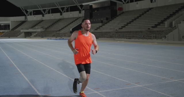 Male athlete running on track at night in a large stadium. He is wearing an orange neon tank top and athletic gear, highlighting his focus and determination. Useful for ads depicting fitness, determination, night training, athletic wear, and running competitions.