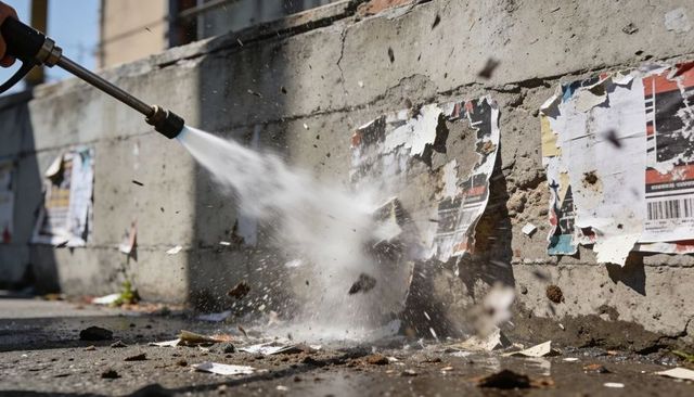 High-pressure power-washing removing posters and debris from urban concrete wall