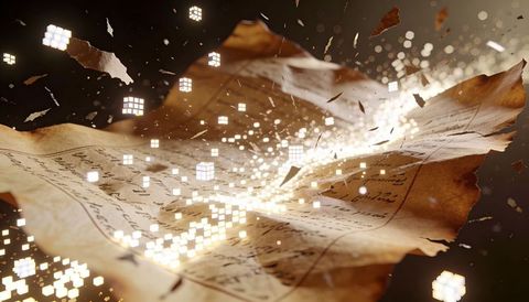 Aged ledger sheet transforming into glowing voxel cubes with parchment decay and sparks