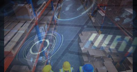 Warehouse team inspecting inventory with augmented reality overlays for smart logistics