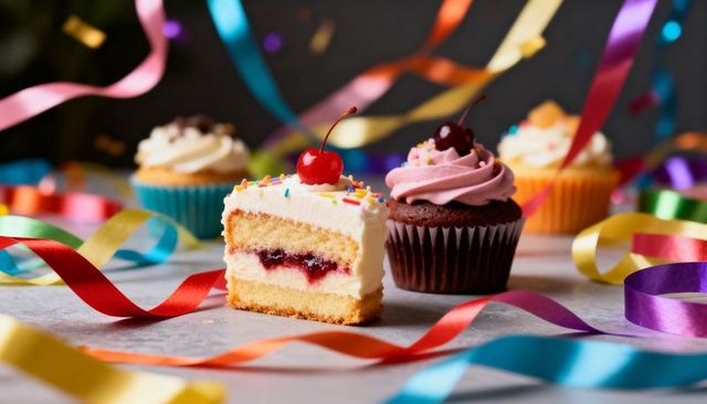 Festive sliced vanilla cake with cherry, cupcakes with pink frosting and colorful ribbons