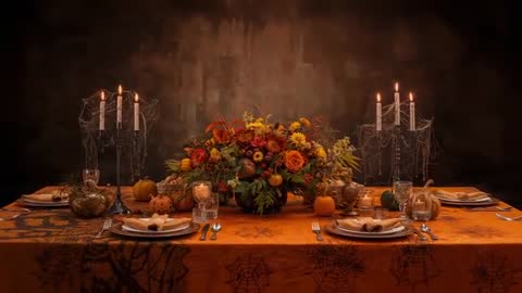 Elegant Halloween Dining Table with Candles and Pumpkins