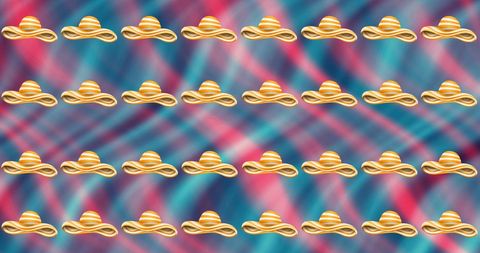 Stylish yellow sunhats on vibrant striped background