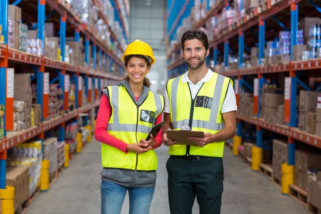 Two warehouse workers, one male and one female, standing together in an aisle filled with shelves and boxes. Both are wearing safety vests, and the female worker is also wearing a hard hat. The male worker is holding a clipboard. This image can be used for themes related to logistics, teamwork, inventory management, and industrial work environments.