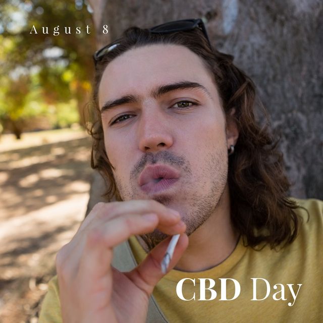 This image depicts a young man smoking marijuana while celebrating CBD Day outdoors. Ideal for use in articles promoting CBD awareness, social media posts related to marijuana legalization, or content focused on relaxation and leisure.