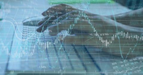 Female hands typing on laptop with financial market charts overlay for trading analysis