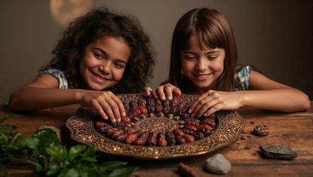 Two girls arranging dates on ornate metal platter at rustic wooden table, smiling warmly