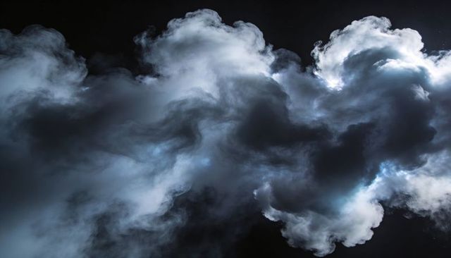 Nocturnal rimlit cloudscape turbulent wisps moody blue glow atmospheric backdrop