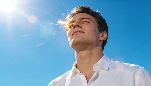 Young man soaking up bright sunlight with dramatic lens flare and upward gaze
