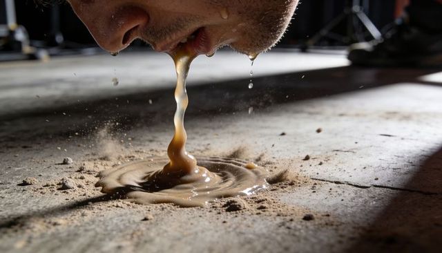 Leaning male dripping muddy liquid onto concrete, gritty industrial closeup with droplets