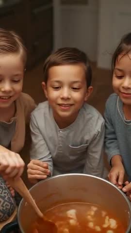 Three Children Stirring Soup Together While Learning Cooking Skills in Cozy Home Kitchen