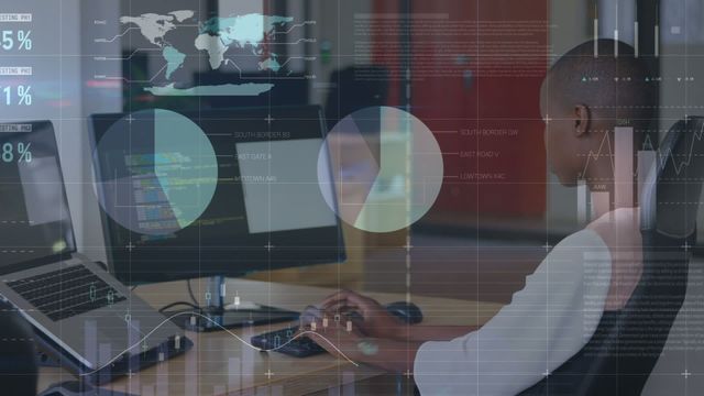 African American female programmer coding at desk with digital infographics displayed over screen. Suitable for content on technology, software development, data analysis, machine learning, tech industry, workplace diversity, and modern office environments.