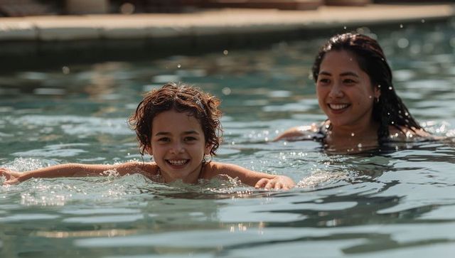 Smiling child swimming toward camera with wet curls, parent supervising in sunlit pool