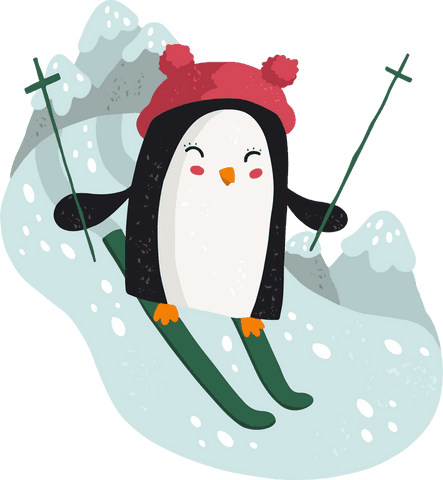 Playful penguin on green skis with red pom-pom hat