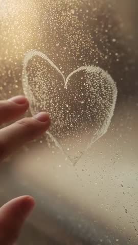 Drawing heart on fogged window with fingertip, backlit golden bokeh, intimate vertical clip