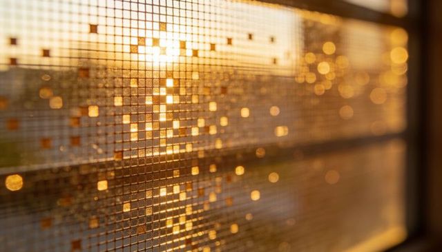 Golden mosaic window light creating warm bokeh through textured glass grid at sunset cozy