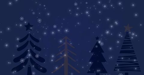 Digital Christmas Trees with Falling Snowflakes on Dark Background