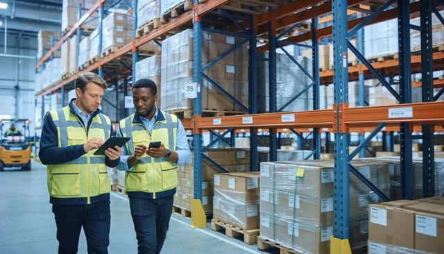 Two warehouse workers walking aisle checking tablet and smartphone amid stacked pallets